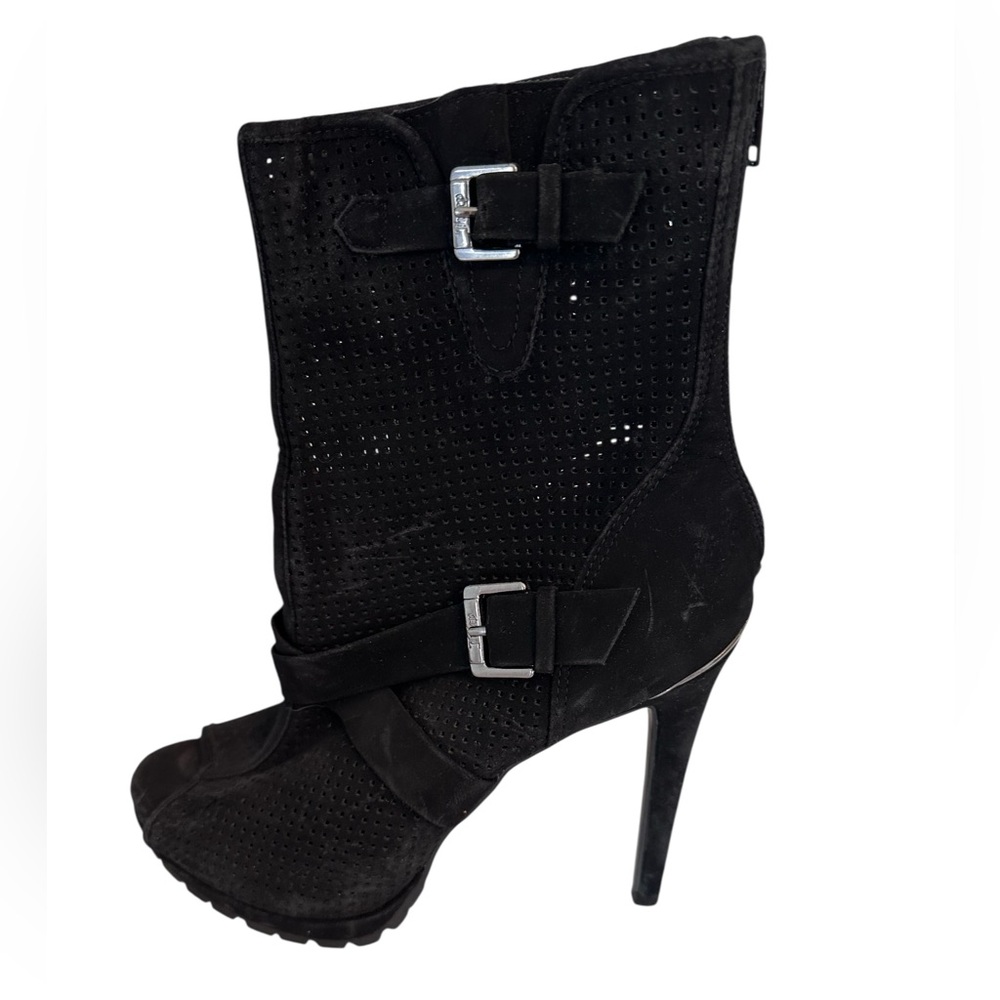 Juicy Couture Black Suede Peep Toe Heeled Booties‎ Boots Sz 8